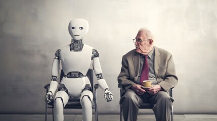 An elderly man in a suit sits across from a humanoid robot.