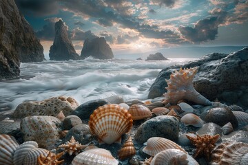 a bunch of seashells that are on a beach