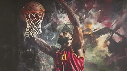 Wall Mural - A basketball player in a red jersey makes a slam dunk.