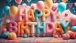 © M - Creative and colorful 3D rendering of 'Happy Birthday' spelled out in yarn text, surrounded by floating balloons, festive garlands, and yarn decorations on a lively backdrop. Colorful Yarn Text Happy