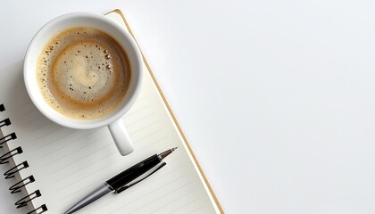 Poster - Solid White Background with Coffee Cup and Pen on Notebook, Ample Copy Space
