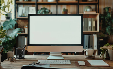 A modern office workspace featuring a large monitor, keyboard, mouse, and office accessories in a well-lit room.