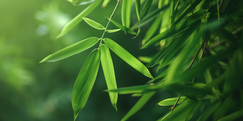 Poster - Close Up of Green Bamboo Leaves in Sunlight   Nature Freshness Tranquility and Serenity