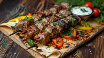 Wall Mural - Grilled meat skewers on a stylish wooden board. Closeup of juicy grilled skewers presented with vibrant vegetables and creamy sauce. Perfect for food blogs, menus, and cooking inspiration. AI