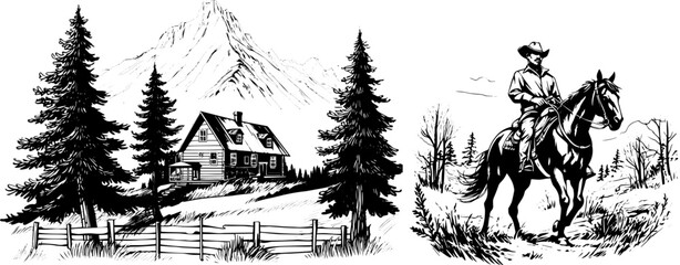 Wall Mural - Vintage Sketch of a Happy Farmer on Horseback with Cowboy Hat and Rural Farmhouse, Set in a Retro Mountain Landscape.