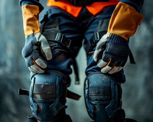 A close-up view of a worker's knees protected by padded knee guards, showcasing safety gear in an industrial environment.