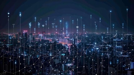 Poster - Telecommunication network above city wireless mobile internet technology for smart grid or 5G LTE data connection concept about IoT global business fintech blockchain : Generative AI