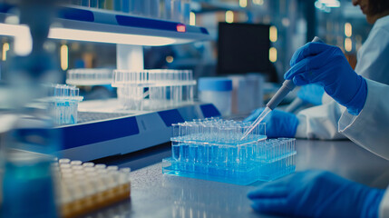 A scientist in a laboratory using a pipette to transfer liquid into test tubes.