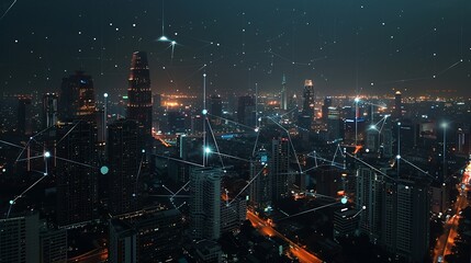 Fototapete - Banner smart city dot point connect with gradient line connection technology metaverse concept Bangkok city background at night with big data in Thailand Panorama view : Generative AI