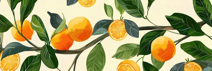 Wall Mural - Cultivating Citrus Fruits Oranges and Lemons on Tree Branches in a Farm Displaying Leaves and Twigs