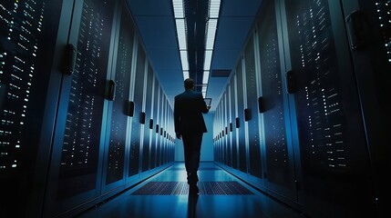 Aufkleber - Male IT Specialist Walks Between Row of Operational Server Racks in Data Center Engineer Uses Tablet Computer for Maintenance Concept for Cloud Computing Artificial Intelligence Cybers : Generative AI