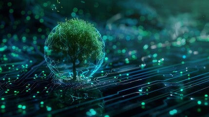 Leinwandbilder - Tree growing on Circuit digital ball Digital and Technology Convergence Blue light and Wireframe network background Green Computing Green Technology Green IT csr and IT ethics Concept : Generative AI