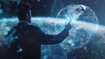 Poster - Businessman presenting futuristic business world metaverse graphic In the form of innovation in digital business processing technology innovation of the 21st century : Generative AI