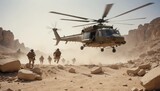 A military helicopter lands on a rocky plateau in the Middle East under the intense summer heat. Dust and sand are stirred by the rotors as soldiers disembark, securing the perimeter and unloading sup
