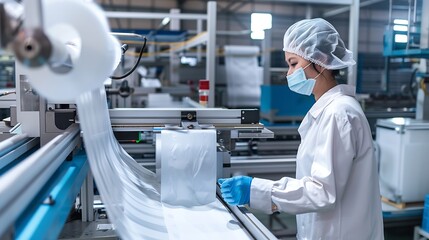 Poster - Factory worker inspecting production line automatic machine for manufacture of sterile medical bandage and masks made of non woven material : Generative AI