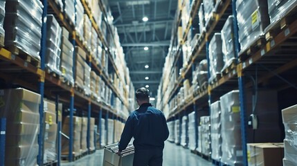 Poster - Warehouseman checking delivery stock in warehouse on computer pc Warehouse manager using warehouse management software app : Generative AI