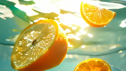 Poster - Sunlit Fresh Orange Slices Falling into Water with Vibrant Splashes