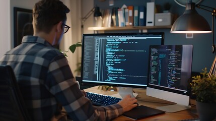 Poster - Qualified data scientist updating neural networks writing complex binary code scripts Certified teleworking man in home office uses digital device programming to upgrade AI : Generative AI