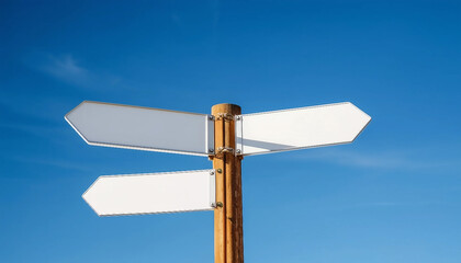 Blank directional signposts against a clear blue sky