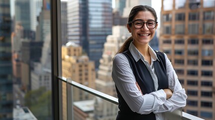 Aufkleber - Woman smile and outside on balcony with arms crossed for happiness in portrait with pride for company Glasses designer and employee with outdoor office for relax on break in urban town : Generative AI