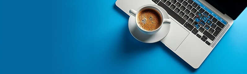 Leinwandbilder - Solid Blue Background with Laptop and Coffee Cup, Ample Copy Space