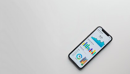 Leinwandbilder - Solid White Background with Smartphone Displaying Business Analytics, Ample Copy Space