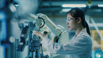 Leinwandbilder - Factory Female Industrial Engineer working with automation robot arms machine in intelligent factory industrial on real time monitoring system softwareDigital future manufacture : Generative AI