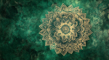 Wall Mural - An emerald textured background featuring a fine, intricate mandala pattern. The detailed design and rich green hues add a touch of spirituality and calm.