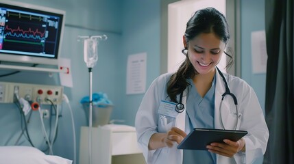 Poster - Reading woman and tablet in office doctor and medical diagnosis online healthcare and hospital Clinic stethoscope and employee with uniform medicine and smile for notes typing and sche : Generative AI