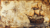 A background collage of ancient maps, pirate symbols, and navigational charts, capturing the essence of maritime exploration. The sepia tones and detailed drawings create a rich historical tapestry.