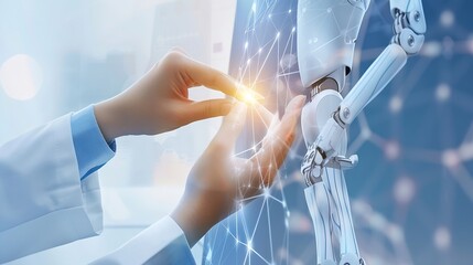 Poster - Medical Ai Hands of robot and human touching on medical data network connection AI robot for diagnosis increasing accuracy patient treatment in future technology to improve patient hea : Generative AI