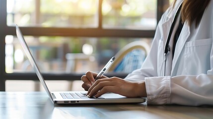 Aufkleber - Woman scientist and research with laptop and tablet for results medical study or exam on new discovery at lab Female person or biologist working on technology for experiment or test at : Generative AI