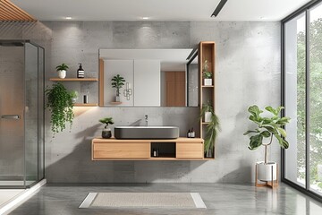 Wall Mural - Modern bathroom interior with beige and white walls, shower area, basin with mirror, shelf and grey concrete floor, Generative AI