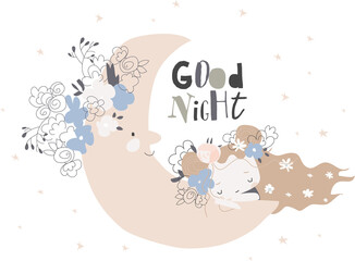 Wall Mural - Cute girl sleeping on moon among the stars. Vector illustration