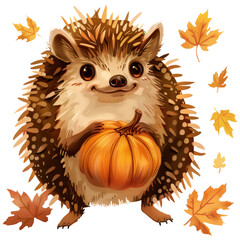 Wall Mural - cute autumn hedgehog with pumpkin