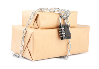 Wall Mural - Parcels with chain and padlock isolated on white