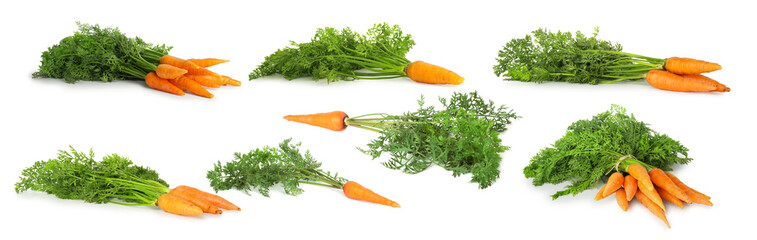 Set of fresh ripe carrots isolated on white