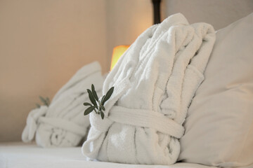 Two folded bathrobes on bed in hotel 