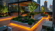 © Hatai - A sleek rooftop garden with transparent planters and neon-infused greenery