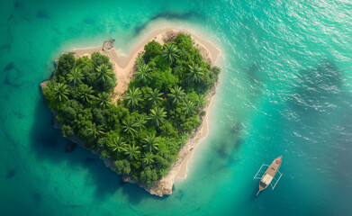 Sticker - An aerial view of a heart-shaped tropical island surrounded by turquoise waters and lush green foliage, symbolizing romance and paradise.