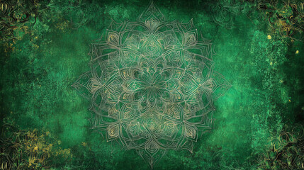 an emerald textured background featuring a fine, intricate mandala pattern. the detailed design and 