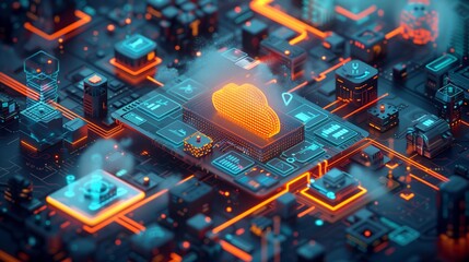Poster - Vibrant Digital Cityscape Depicting Advanced Technology With Cloud Computing Elements at Night
