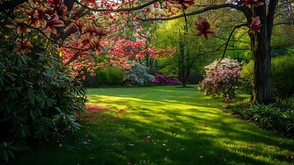 Wall Mural - Springtime Garden Illustration with Pink Flowers and Lush Green Grass