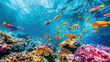 © Chatchanan - A vibrant coral reef teeming with colorful fish and marine life, viewed from beneath the clear blue water.