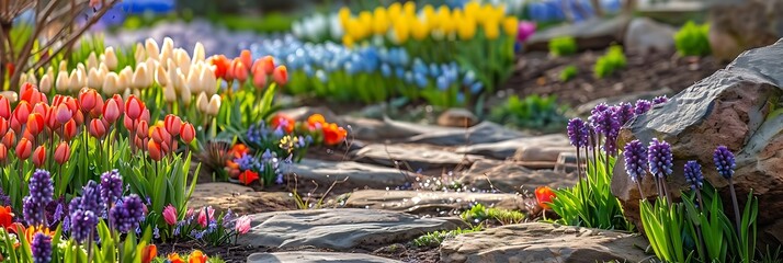 Wall Mural - Colorful Spring Flowers and Stone Path in Garden - Realistic Image