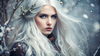 Artistic image of a model with white hair in Scandinavian style