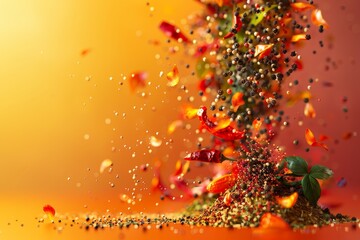 spices and herbs are scattered on background