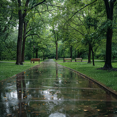 Wall Mural - A path in a park is wet from rain