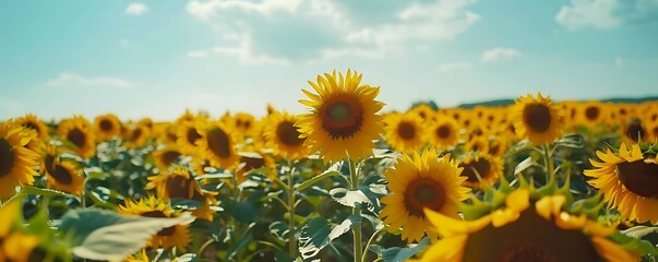 Wall Mural - Field of Sunflowers under a Blue Sky with Clouds Photo