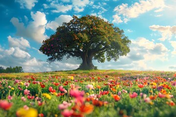 Wall Mural - Large Tree in a Field of Flowers, Digital Illustration